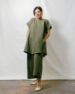 Trapeze Dress in Olive Linen