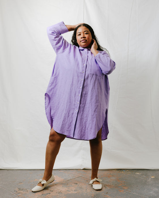 Soft Volume Shirt Dress in Lavender Linen