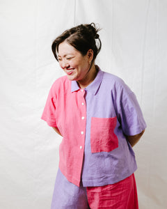 Boxy Collared Top in Lavender + Carnation Pink Linen