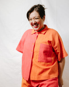 Boxy Collared Top in Poppy + Marigold Linen