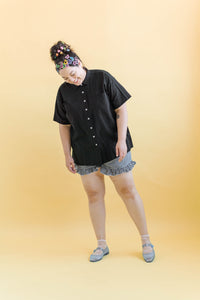 Boxy Collared Tunic in Black Cotton Linen (RTS)