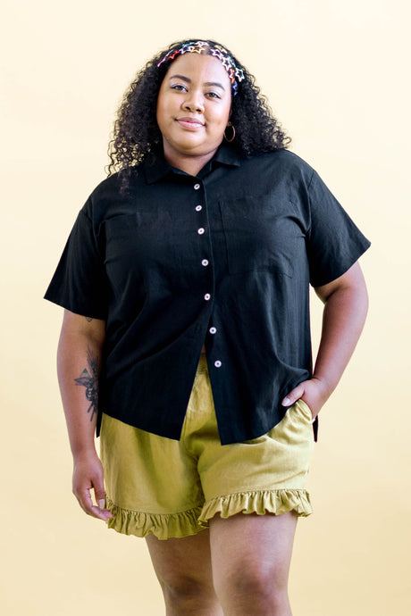Boxy Collared Tunic in Black Cotton Linen (RTS)