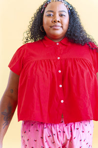 Button Mushroom Top in Cherry Linen (RTS)