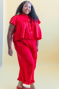 Button Mushroom Top in Cherry Linen (RTS)