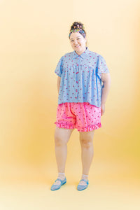 Button Mushroom Top in Cornflower Cherry Cotton (RTS)