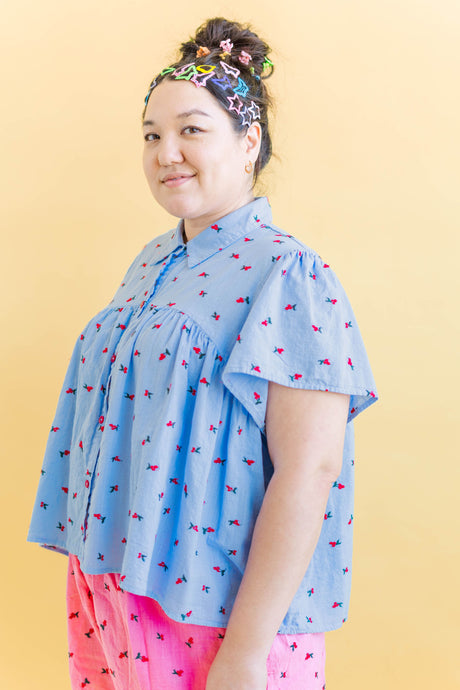 Button Mushroom Top in Cornflower Cherry Cotton (RTS)