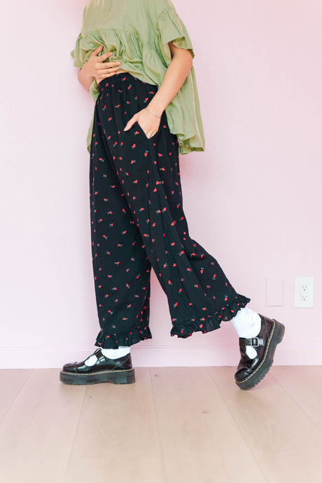 Ruffle Pants in Black Cherry Cotton (RTS)