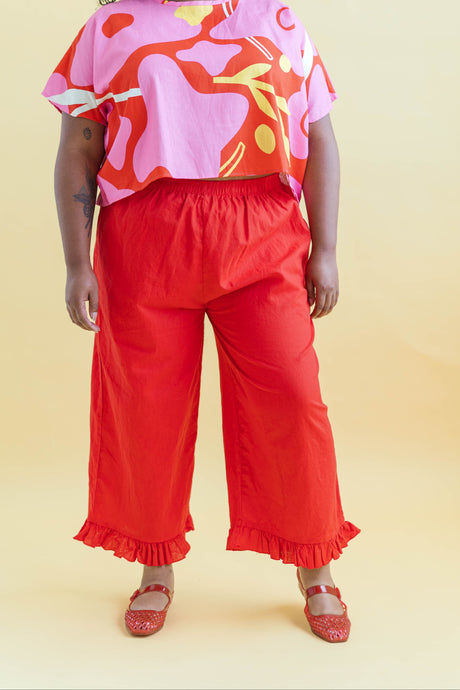 Ruffle Pants in Cherry Linen (RTS)