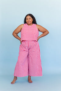 Mid Easy Flare in Red/White Gingham Cotton Linen