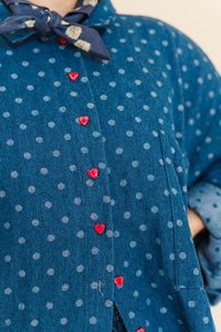 Polka Dot Denim Soft Volume Shirt Dress