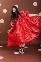 RED RIBBON METALLIC MUSHROOM DRESS