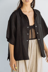 Boxy Collared Top in Black Linen
