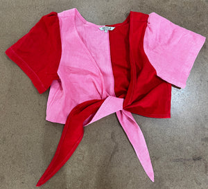 Tied Back to Front Top in Cherry/Bubble Gum Linen