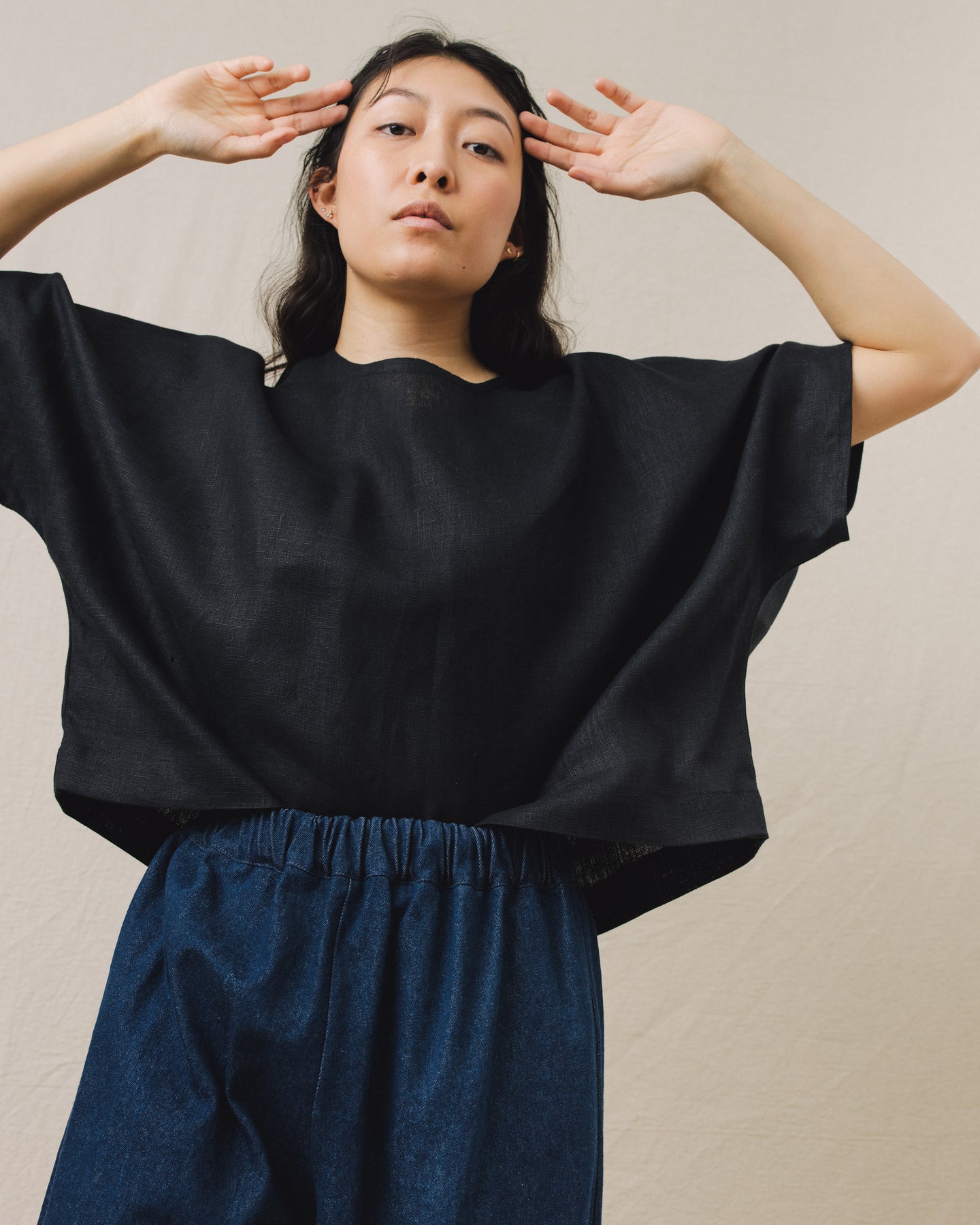 Super Wide Crop Top In Black Linen