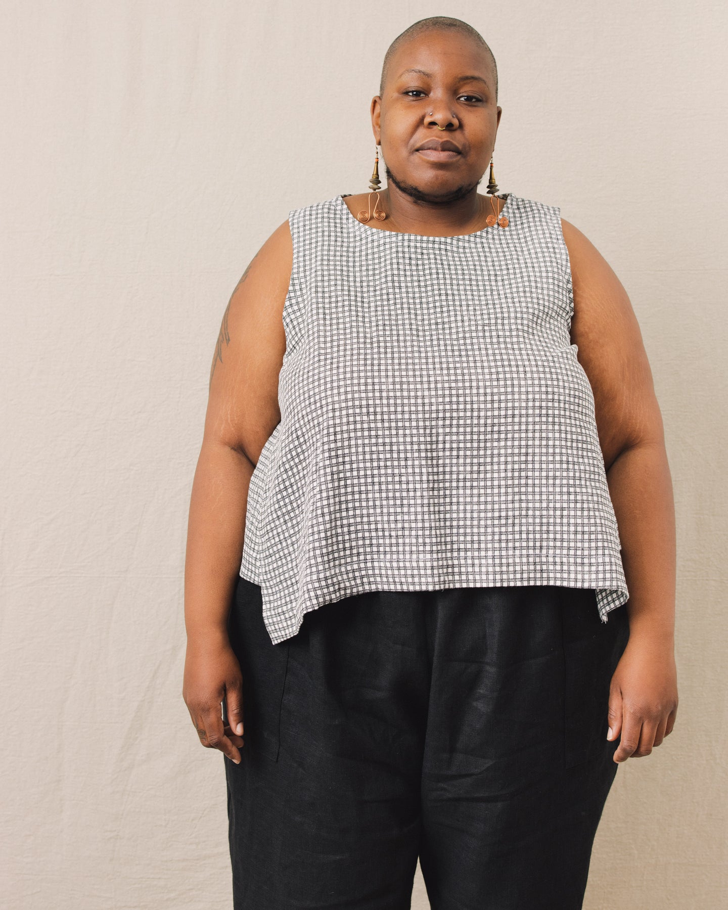 Side Panel Tank in Printed Gingham Linen