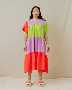 Tiered Dress in Rainbow Sherbet Linen