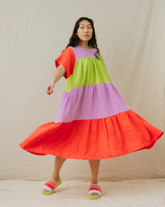 Tiered Dress in Rainbow Sherbet Linen