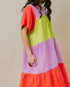 Tiered Dress in Rainbow Sherbet Linen