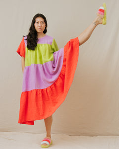 Tiered Dress in Rainbow Sherbet Linen