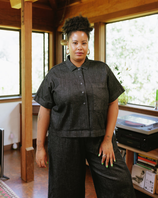 Boxy Collared Top in Black Denim