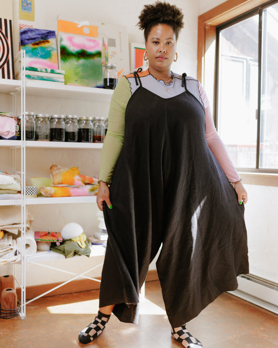 Wide Leg Overalls in Black Linen