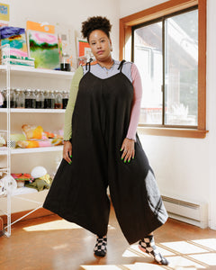 Wide Leg Overalls in Black Linen