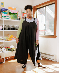 Wide Leg Overalls in Black Linen