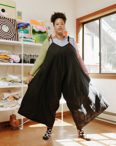 Wide Leg Overalls in Black Linen