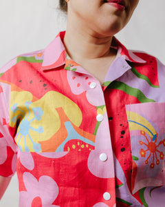 Boxy Collared Top in Tutti Frutti Linen